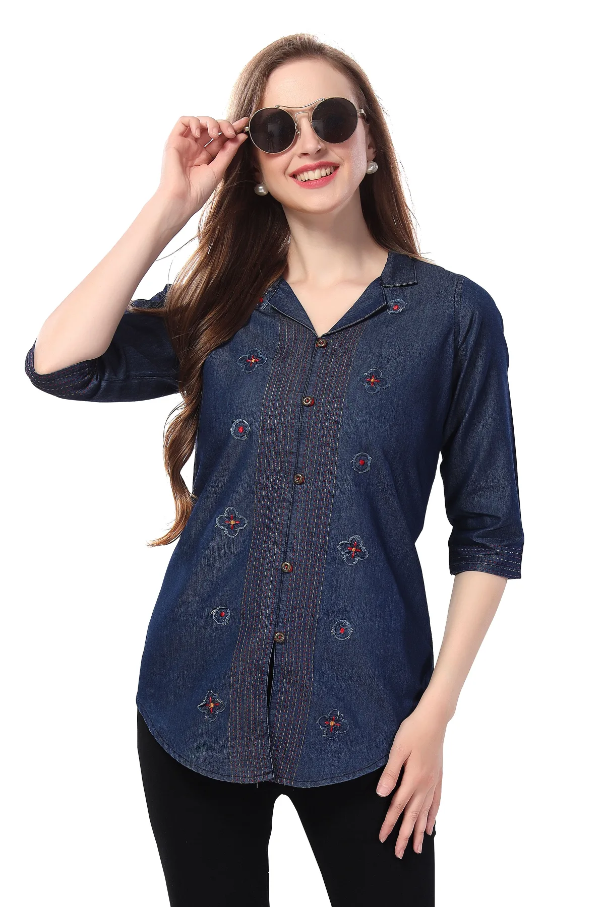 Denim Blue Tunic with Applique Embroidery on Coat Collar