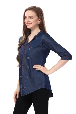 Denim Blue Tunic with Applique Embroidery on Coat Collar - photo 2