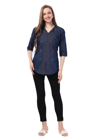 Denim Blue Tunic with Applique Embroidery on Coat Collar - photo 3