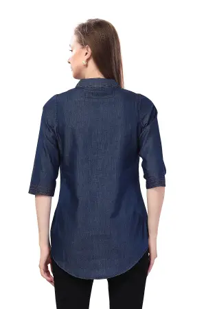 Denim Blue Tunic with Applique Embroidery on Coat Collar - photo 4