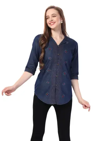 Denim Blue Tunic with Applique Embroidery on Coat Collar - photo 5