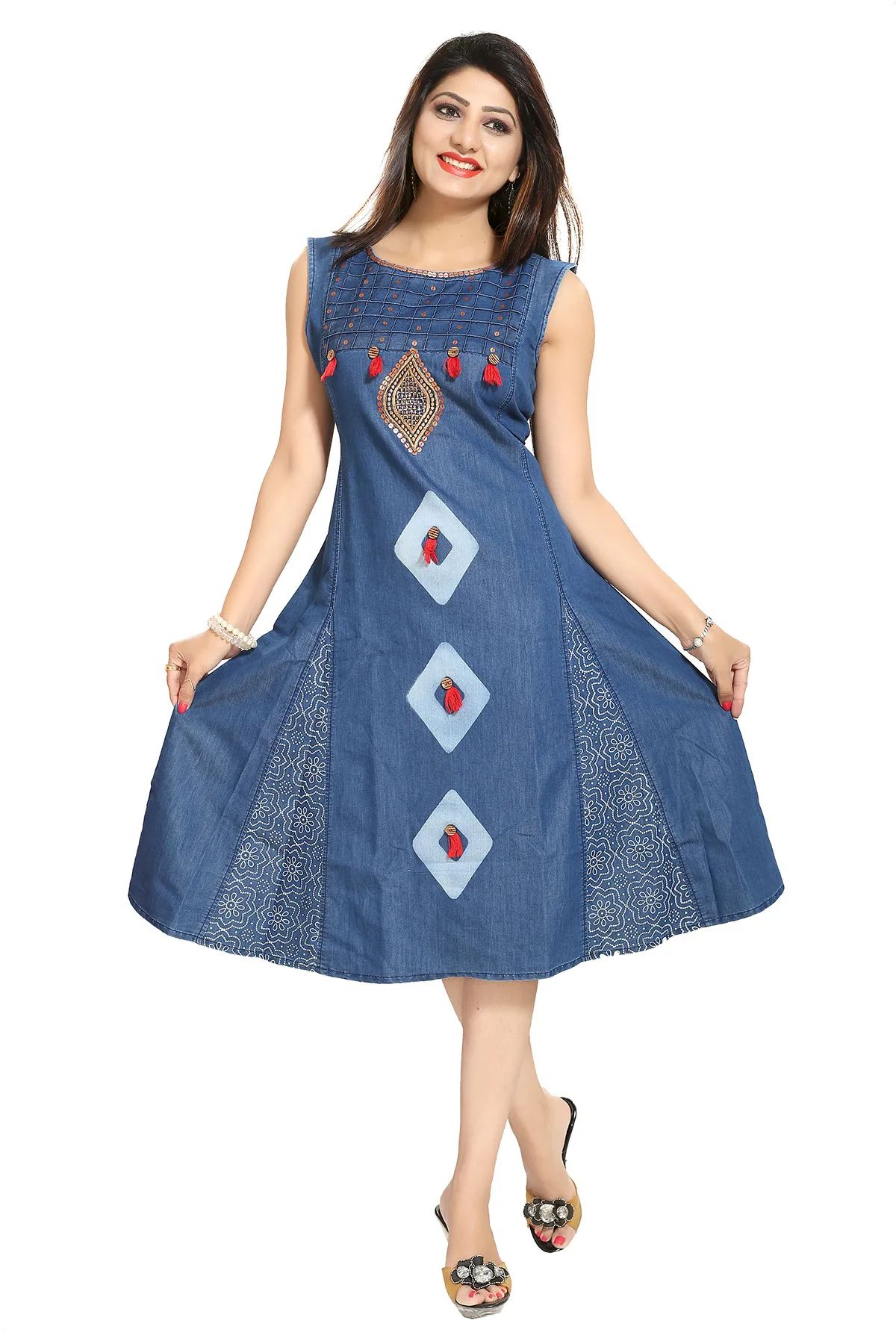 Denim Blue Sleeveless Flared Tunic with Embroidery