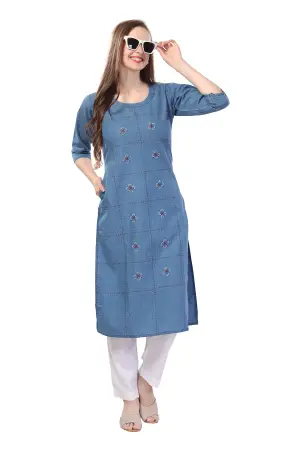 Denim Light Blue Kurti With Patchwork And Thread Work - photo 1