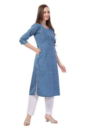 Denim Light Blue Kurti With Patchwork And Thread Work - photo 2