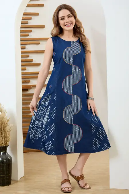 Denim Blue Sleeveless Flared Tunic Dress with Thread Work