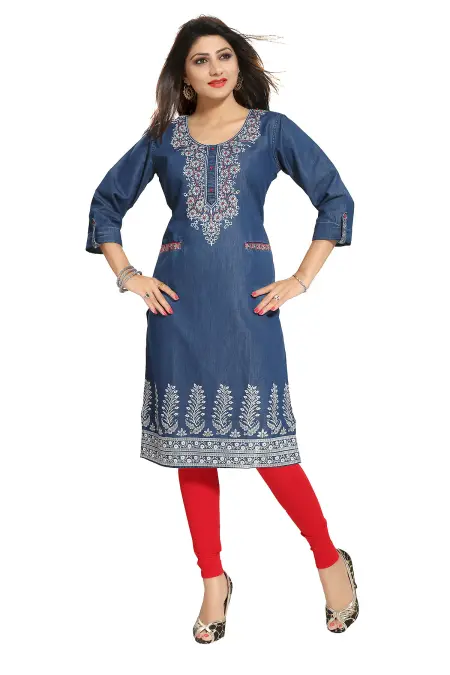 Denim Blue Long Kurti with Pockets and Thread Work
