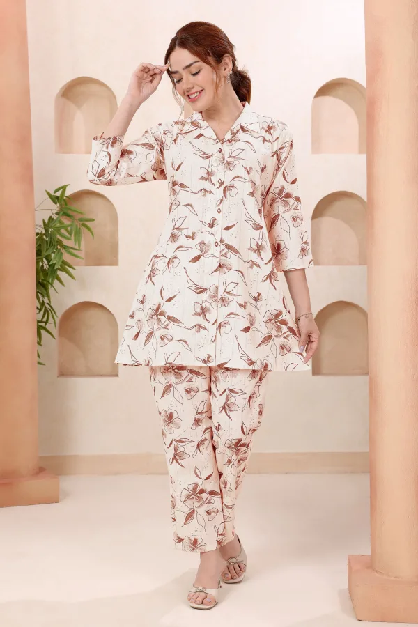 Designer Brown Leafy Print Shirt Collar Cotton Co Ord Set