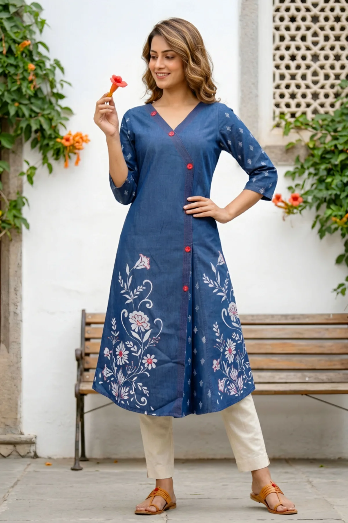 Denim Blue A Line Kurti with V Neck and Mirror Work