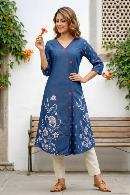 Denim Blue A Line Kurti with V Neck and Mirror Work