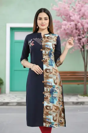 Navy Blue Rayon Long Kurti with Abstract Print Panel - photo 1