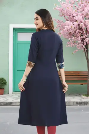 Navy Blue Rayon Long Kurti with Abstract Print Panel - photo 4