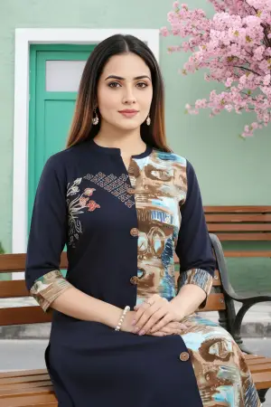 Navy Blue Rayon Long Kurti with Abstract Print Panel - photo 5