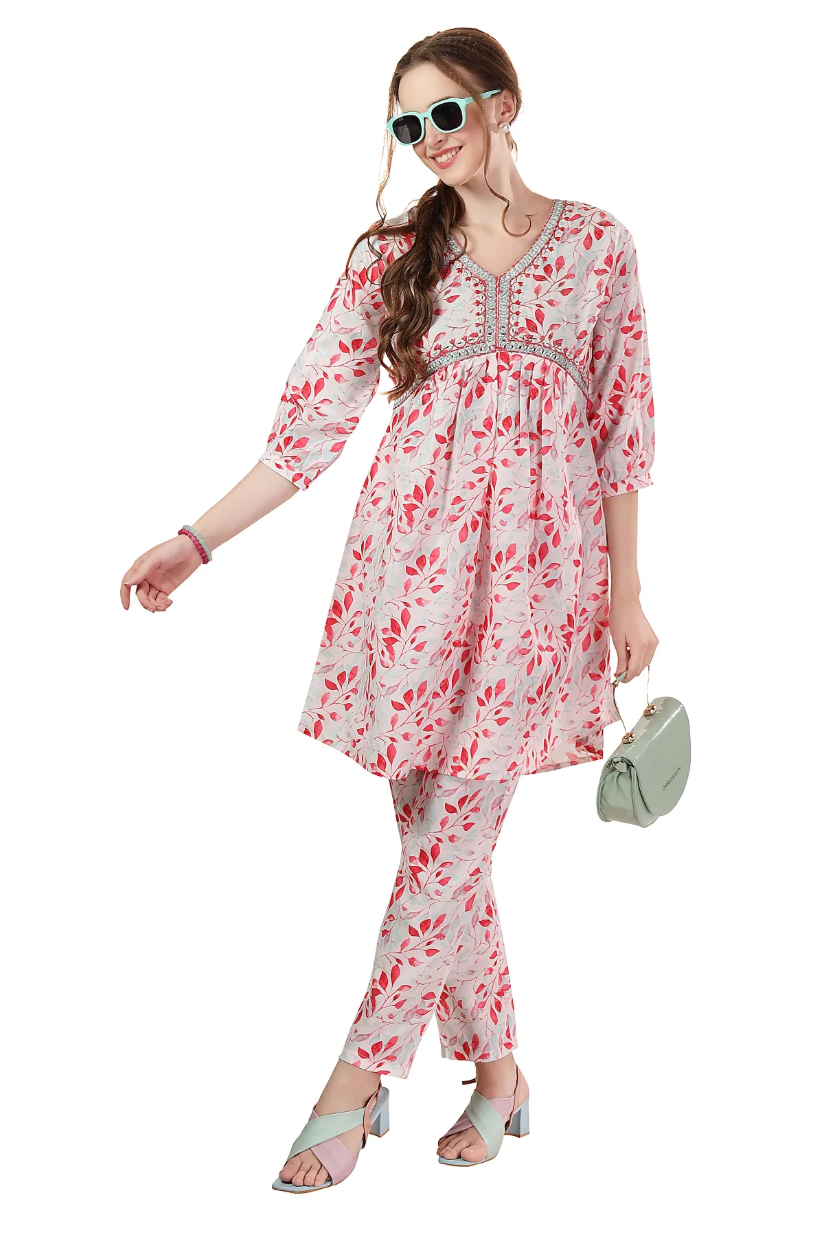 Designer White Leaf Print Cotton Co-Ord Set