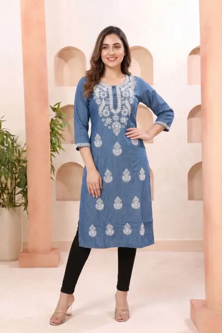 Indigo Blue Denim Long Kurti with Chikankari Embroidery