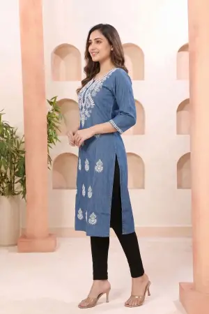 Indigo Blue Denim Long Kurti with Chikankari Embroidery - photo 2