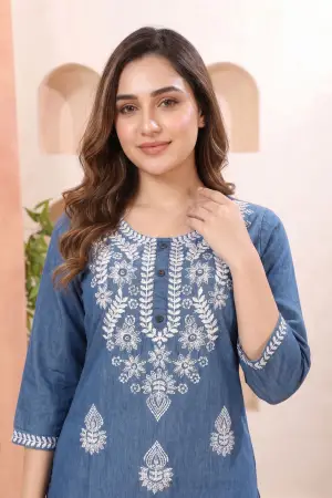 Indigo Blue Denim Long Kurti with Chikankari Embroidery - photo 3