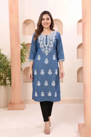 Indigo Blue Denim Long Kurti with Chikankari Embroidery - photo 5