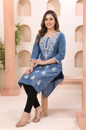 Indigo Blue Denim Long Kurti with Chikankari Embroidery - photo 6