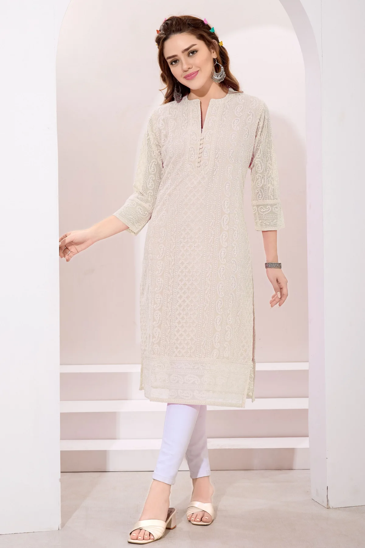 Cream Fine Georgette Kurta with Chicken Embroidery