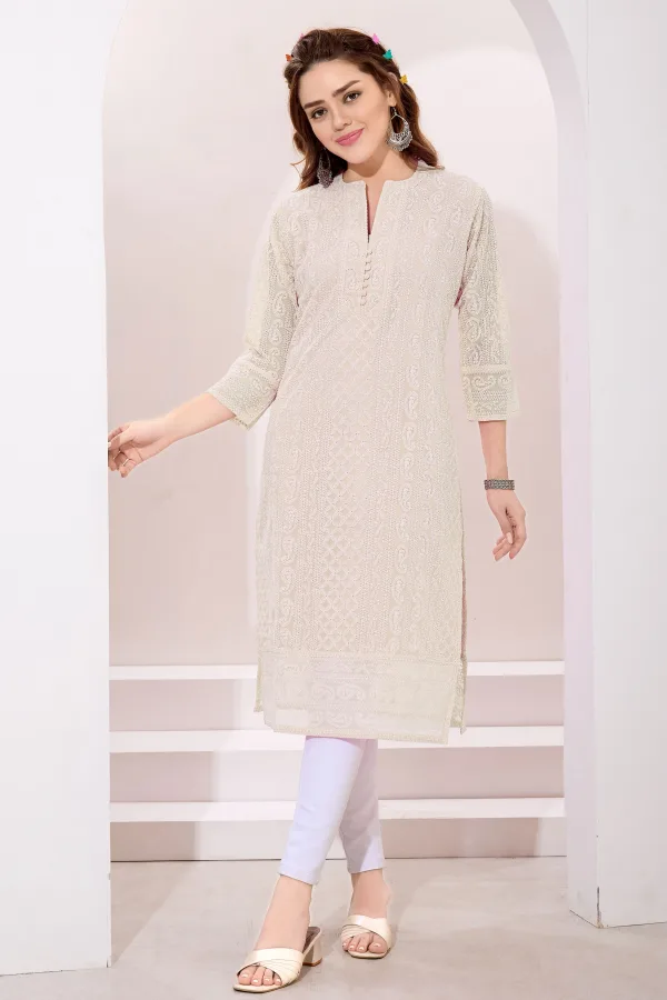 Cream Fine Georgette Kurta with Chicken Embroidery