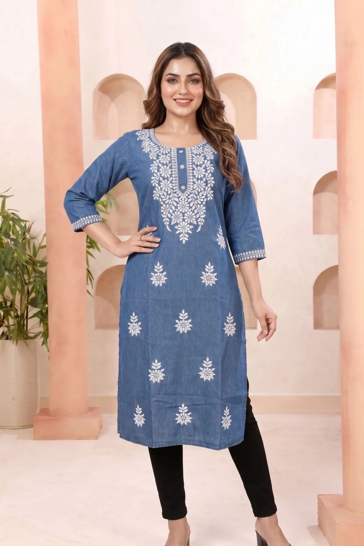 Indigo Denim Long Kurti with Chikankari Embroidery