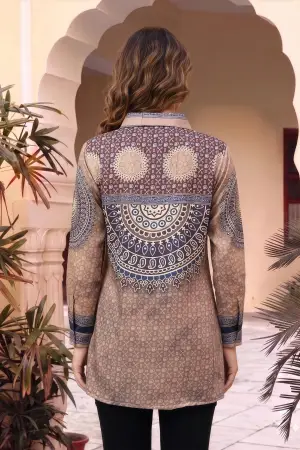 Beige Ajrakh Print Crepe Silk Shirt Style Kurti - photo 2