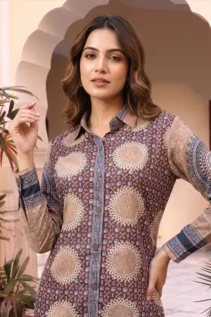 Beige Ajrakh Print Crepe Silk Shirt Style Kurti - photo 4