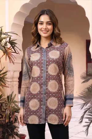 Beige Ajrakh Print Crepe Silk Shirt Style Kurti - photo 6