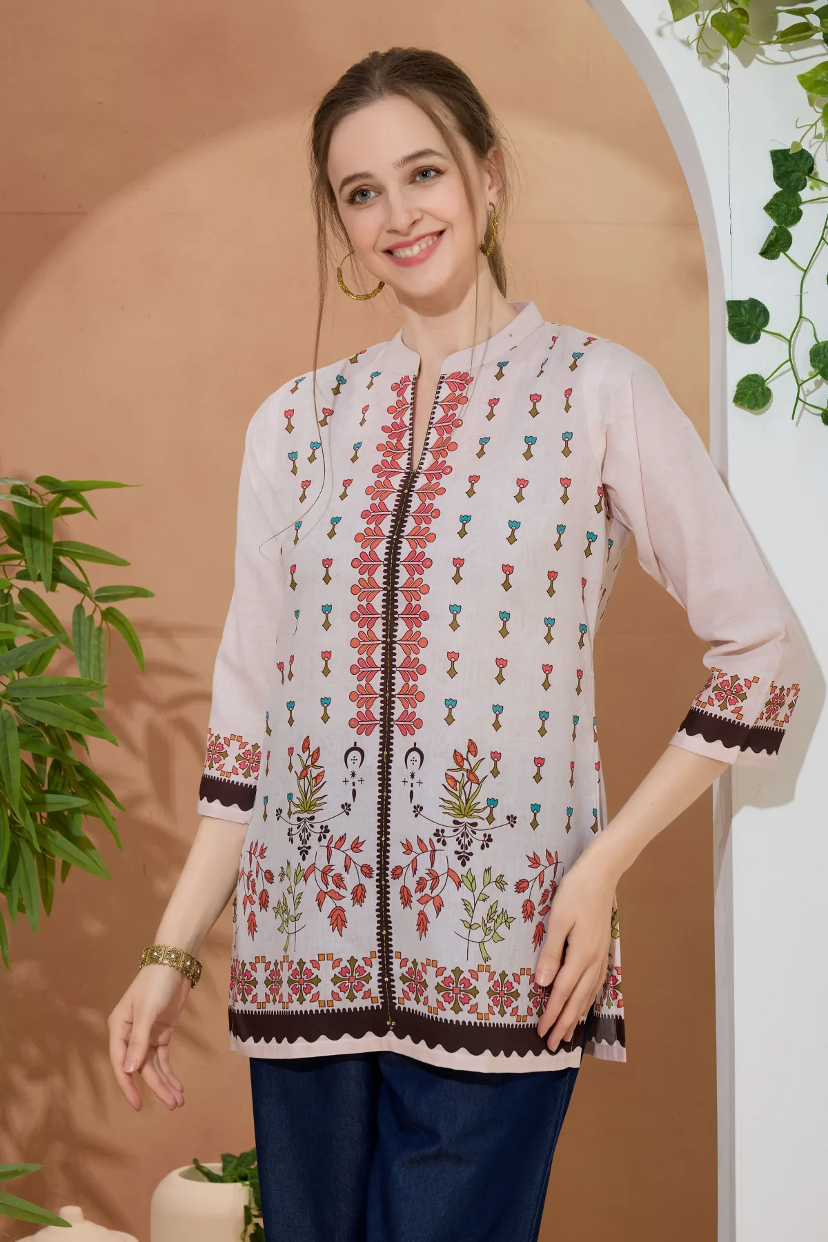 Beige Ethnic Print Cotton Short Kurti with Ban Collar