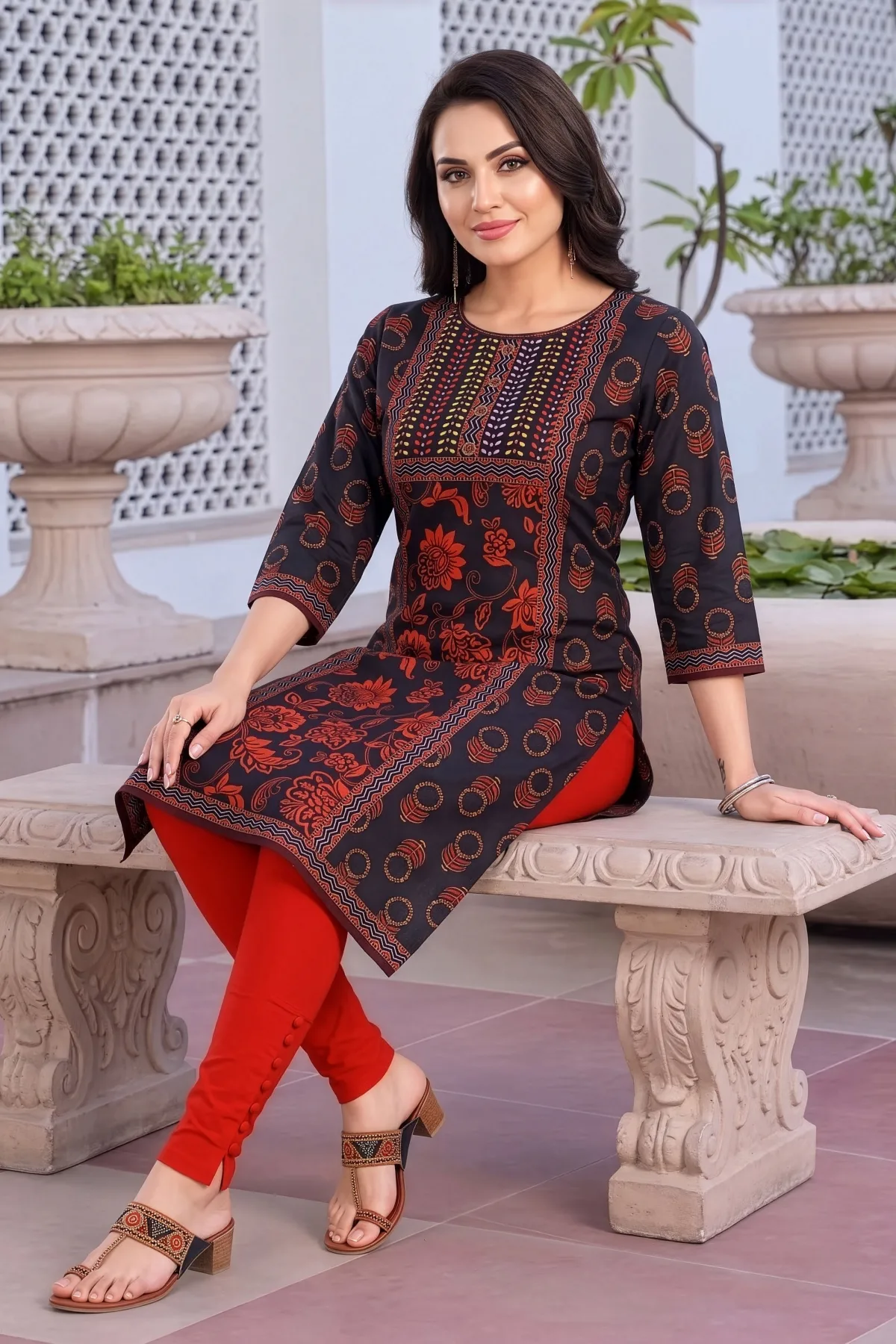 Black Digital Print Long Kurti in Blended Cotton