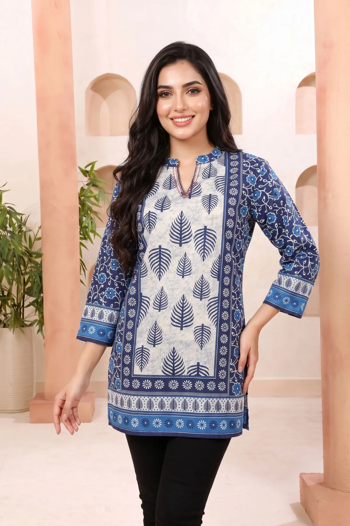 Indigo Blue Tunic with Ban Collar and Leaf Print