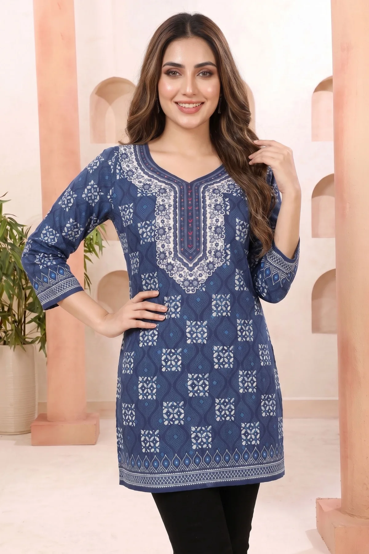 Indigo Blue Geometric Print Tunic with Round Neck