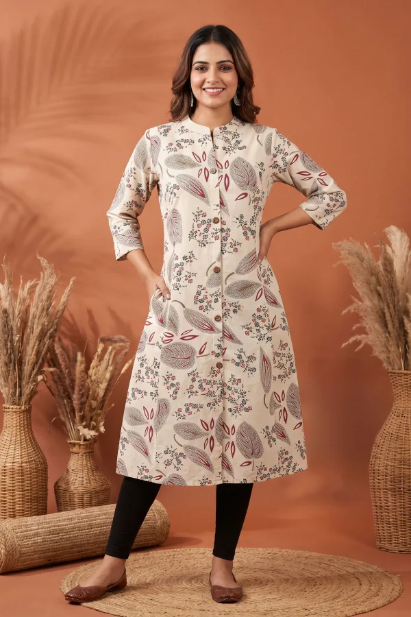 Cream Cotton A Line Princess Cut Kurta with Leaf Print