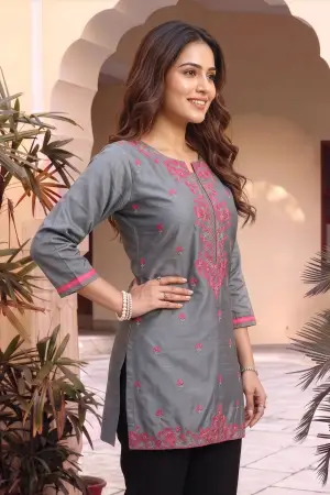 Gray Raw Silk Short Straight Tunic with Pink Embroidery - photo 2