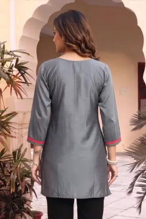 Gray Raw Silk Short Straight Tunic with Pink Embroidery - photo 4