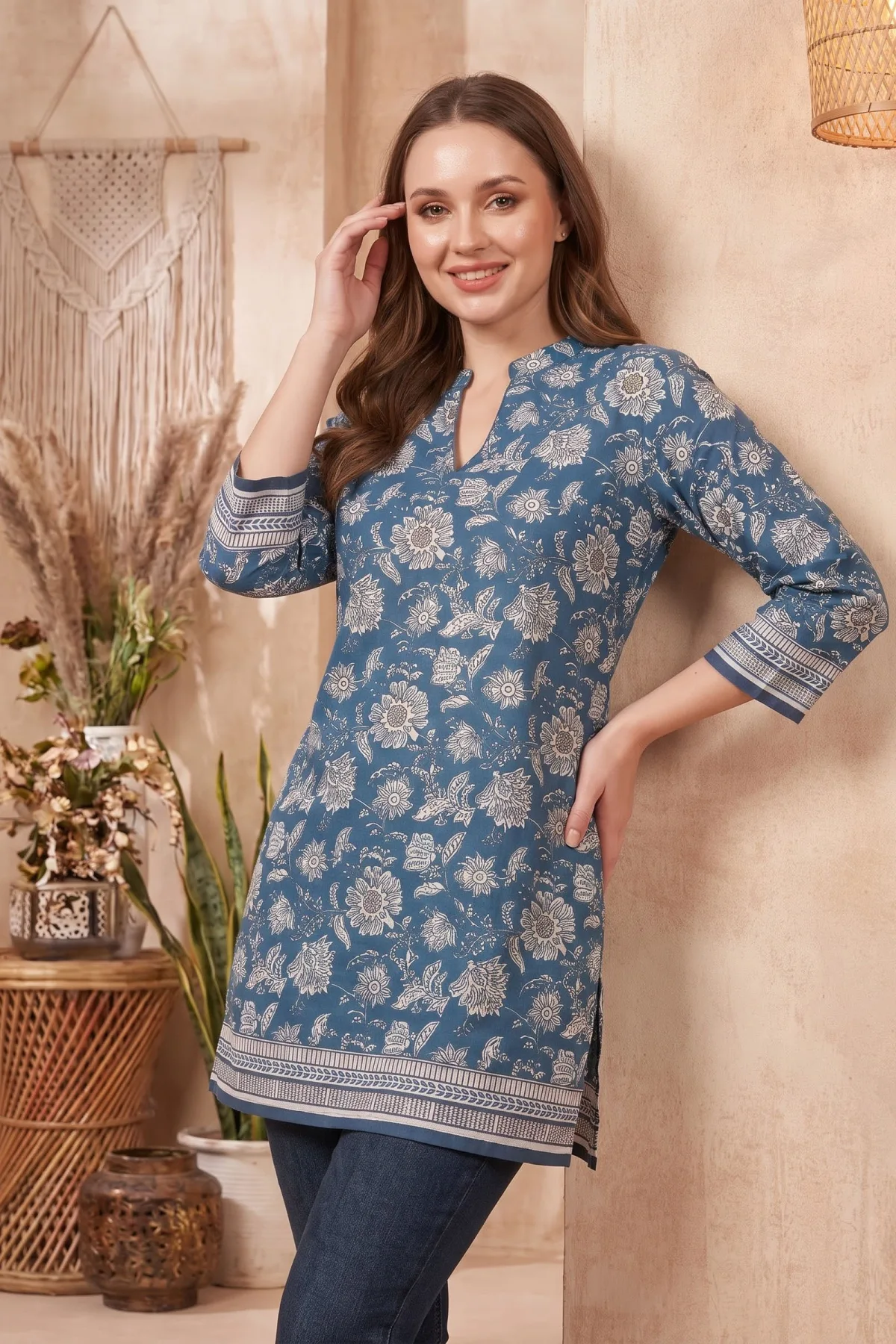 Indigo Blue Jaipuri Print Cotton Blend Short Kurti with Band Collar