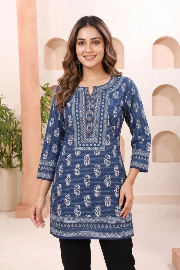 Indigo Cotton Short Kurti with Round Neck Botanical Print