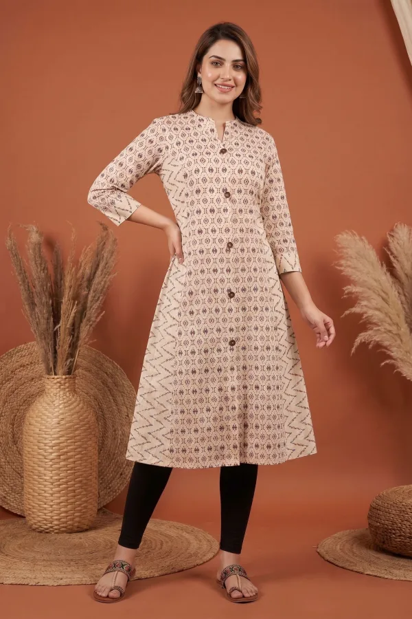 Cream Cotton Long Kurti with Ban Collar and Geometric Print