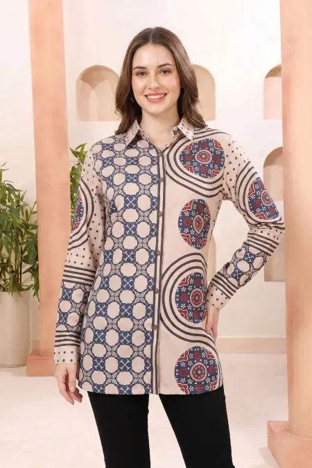 Beige Modal Silk Printed Tunic with Shirt Collar