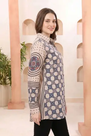 Beige Modal Silk Printed Tunic with Shirt Collar - photo 2