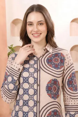 Beige Modal Silk Printed Tunic with Shirt Collar - photo 3