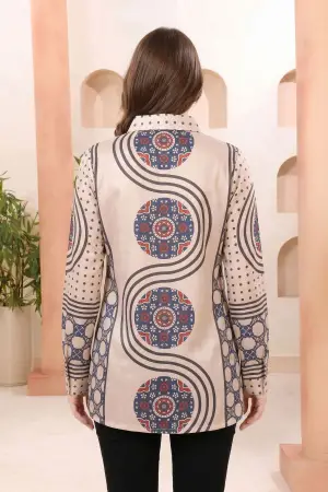 Beige Modal Silk Printed Tunic with Shirt Collar - photo 4
