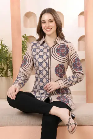 Beige Modal Silk Printed Tunic with Shirt Collar - photo 5