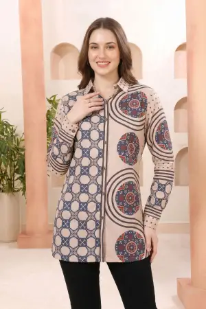 Beige Modal Silk Printed Tunic with Shirt Collar - photo 6