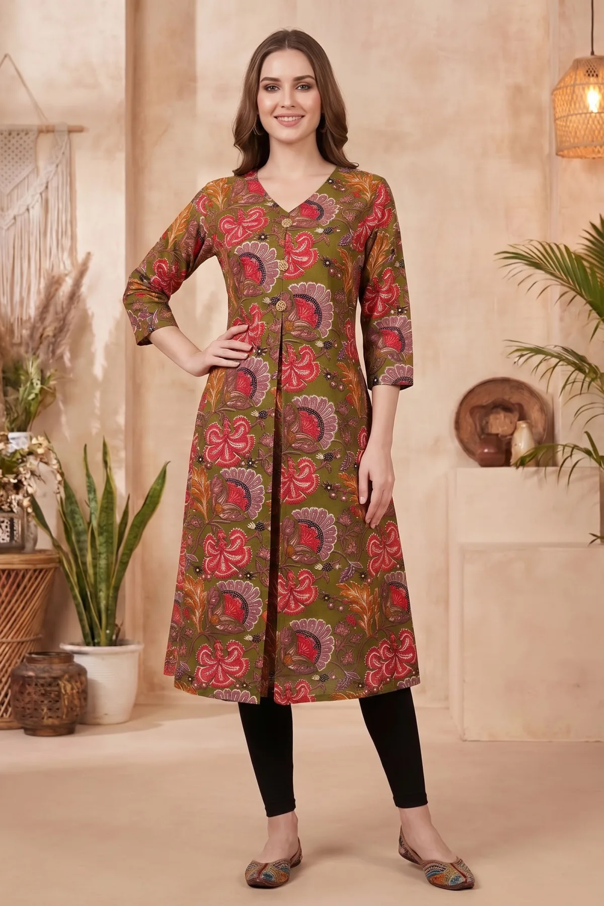 Olive Green Kalamkari Print A Line Long Kurta with V Neck