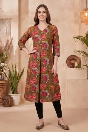 Olive Green Kalamkari Print A Line Long Kurta with V Neck - photo 1