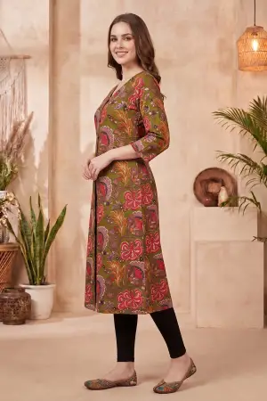Olive Green Kalamkari Print A Line Long Kurta with V Neck - photo 2