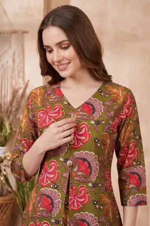 Olive Green Kalamkari Print A Line Long Kurta with V Neck - photo 3
