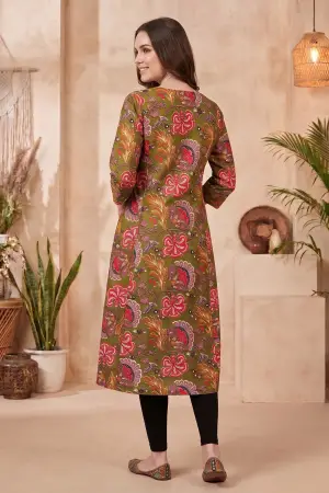 Olive Green Kalamkari Print A Line Long Kurta with V Neck - photo 4