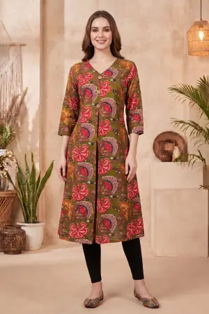 Olive Green Kalamkari Print A Line Long Kurta with V Neck - photo 5
